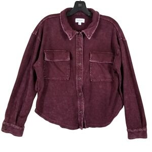 Evereve Womens Cotton French Terry Shacket Burgundy Mineral Wash Button Down S